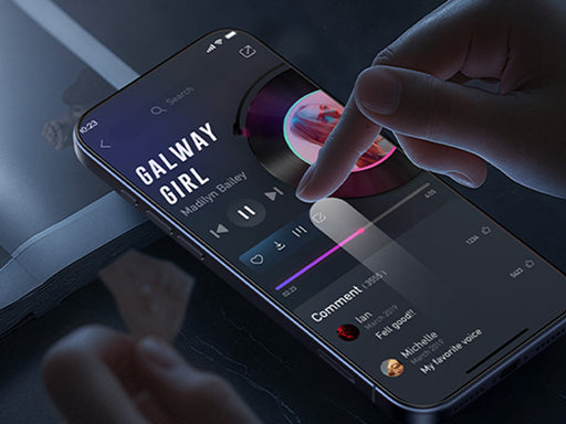 Smartphone music player interface with finger tapping playback controls and glowing album art in dark lighting