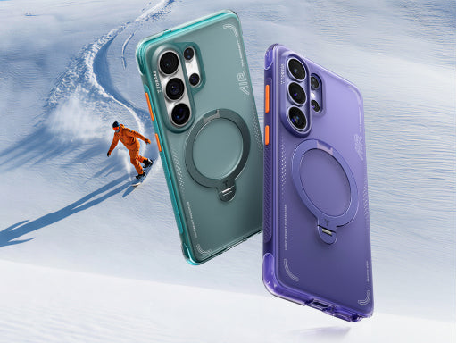 Two colorful phone cases with magnetic rings shown above a snowy slope with a snowboarder below