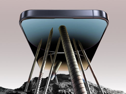 Smartphone screen protector resisting sharp metal rods to illustrate strong impact and puncture protection