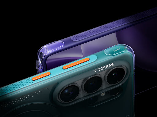 Close-up of teal and purple phone cases highlighting raised camera protection and side button design