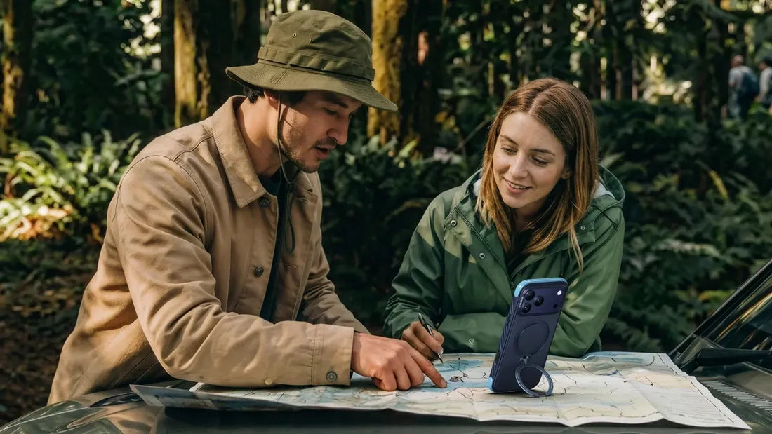 Phone stand case supporting a smartphone during outdoor planning and hands-free viewing
