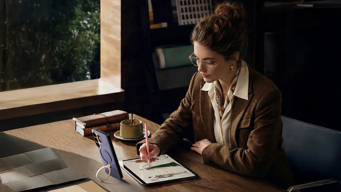 Woman using a tablet at a desk with a phone stand case holding her smartphone upright