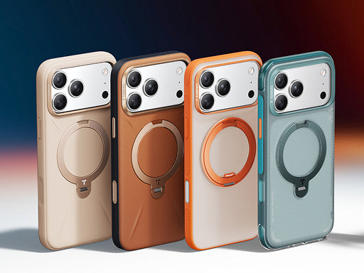 Four MagSafe-compatible phone cases in beige, brown, orange, and green with built-in ring stands