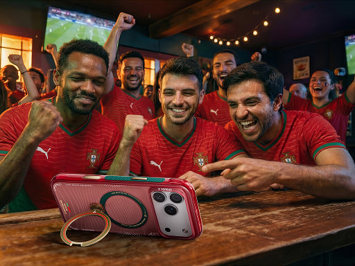 Fans in soccer jerseys watch a match on a smartphone with a ring stand phone case on a table