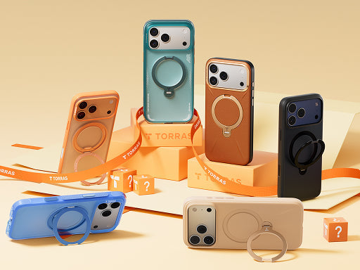 Colorful magnetic phone cases with built-in ring stands displayed on blocks in a product showcase scene