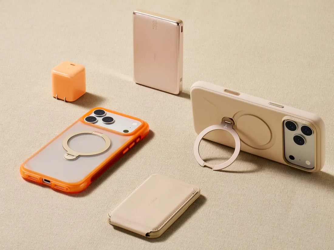Torras orange and beige MagSafe iPhone cases with ring stands, power bank, charger and wallet