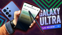 Hand holding Samsung Galaxy Ultra with stylus, showing banking app screen, tech review style thumbnail design