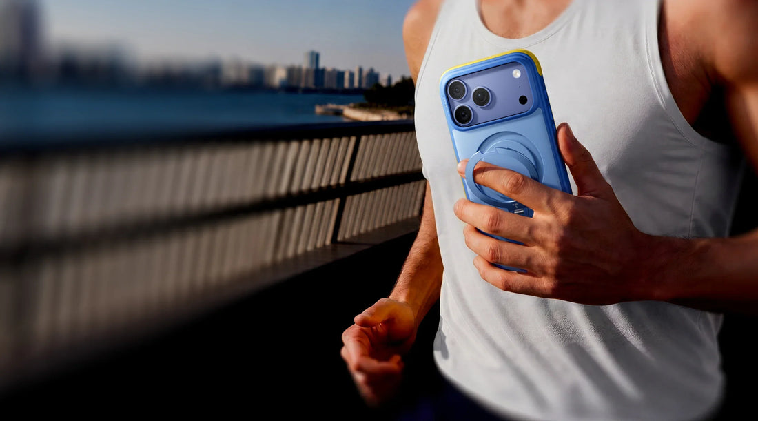 Runner holding an iPhone 18 Pro Max in a clear case during a morning jog
