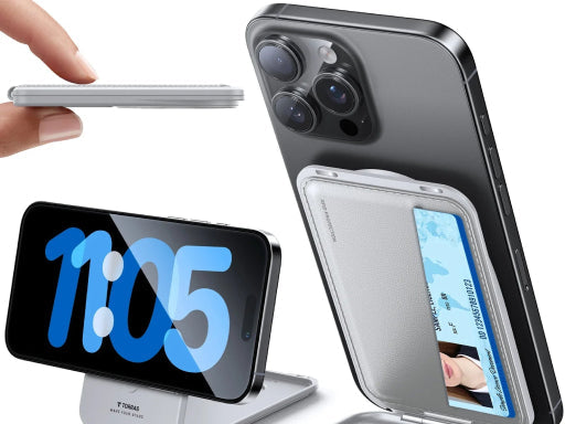 Slim magnetic phone wallet stand attached to smartphone, supporting card storage and hands-free viewing