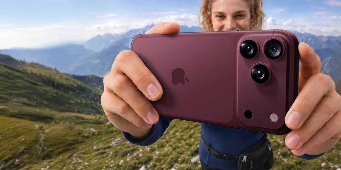 Hiker holding a burgundy iPhone case up to photograph a mountain view