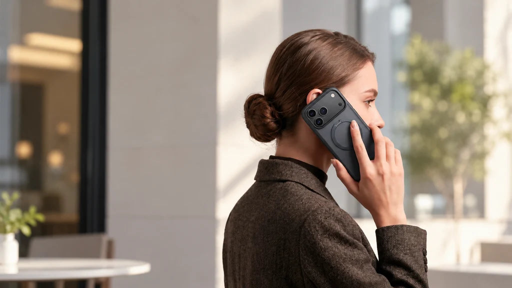 Woman taking a call on an iPhone 18 Pro in a dark case on a city street