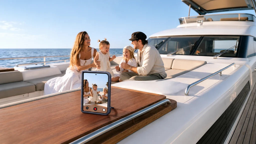 Family on a boat with an iPhone Duo propped on a stand for a video call on the outer screen