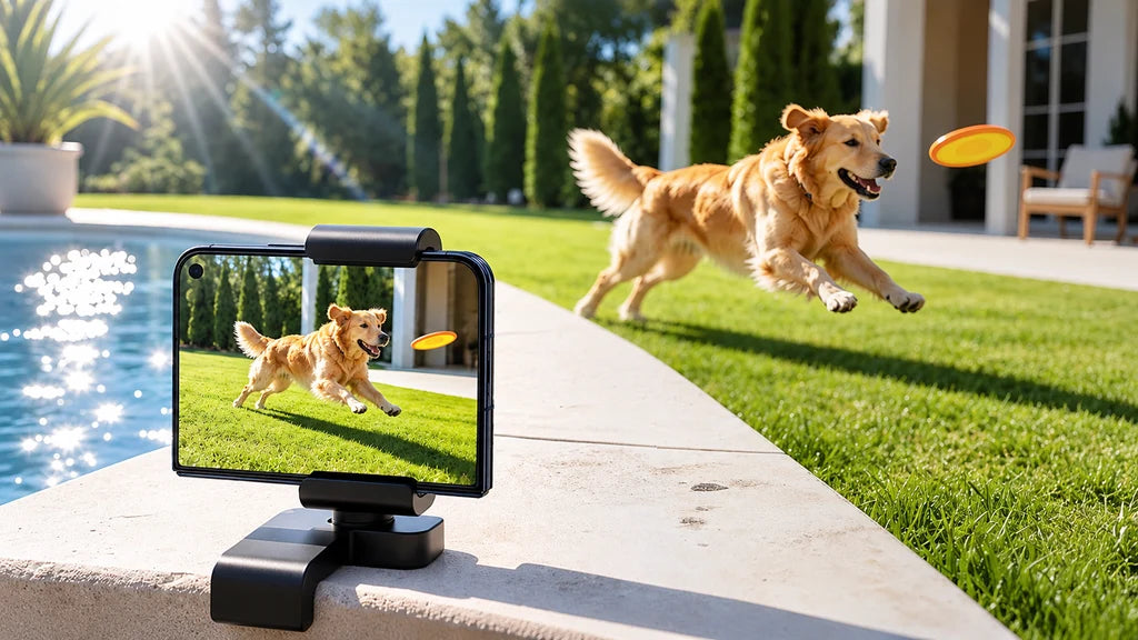 iPhone Duo on a stand beside a pool with the outer screen playing a video of a dog
