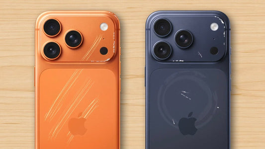 Close-up of heavily scratched backs and camera modules on orange and dark blue iPhone 17 Pro concept models