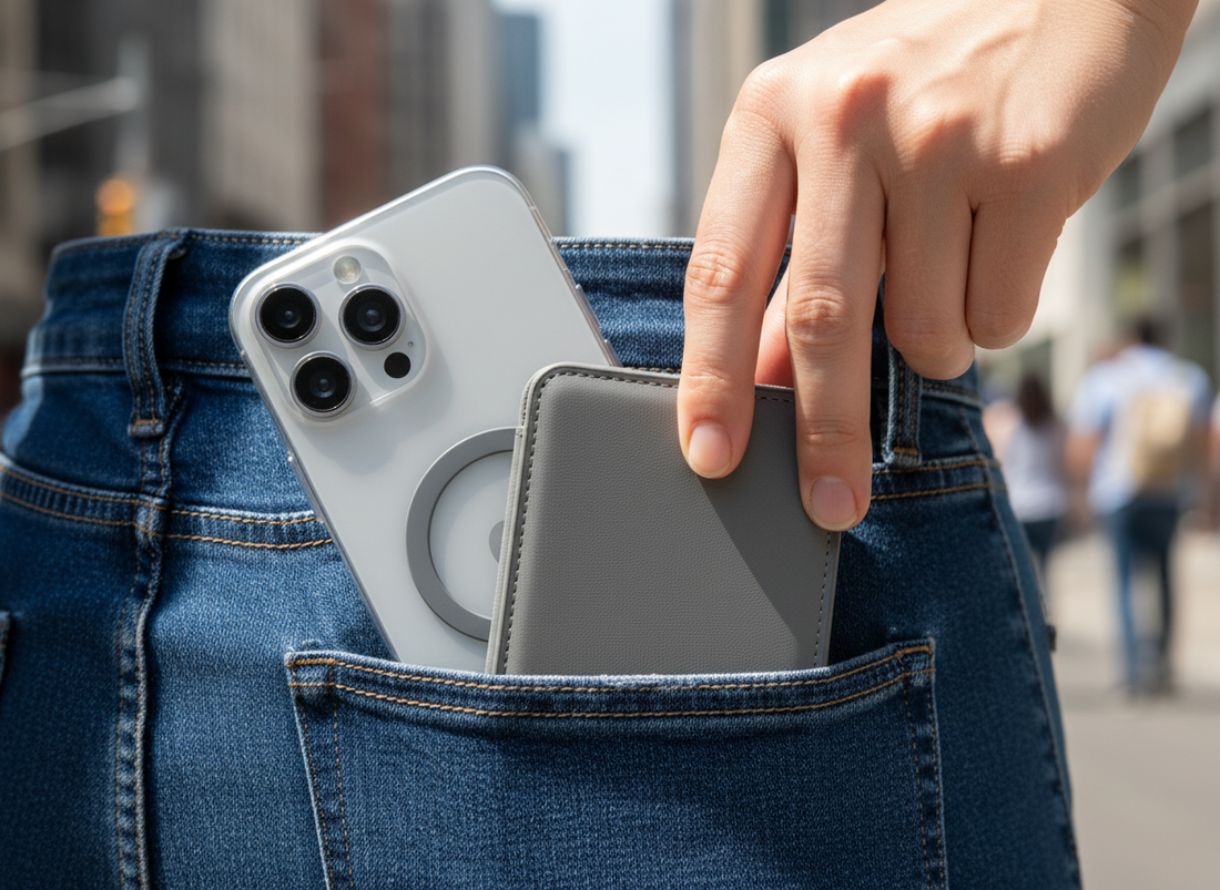 A MagSafe wallet securely attached to an iPhone being slid into a tight jeans pocket during a commute, showing a secure hold.