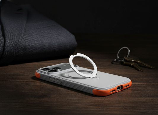Slim rugged smartphone case with an integrated magnetic stand on a professional dark wooden desk.