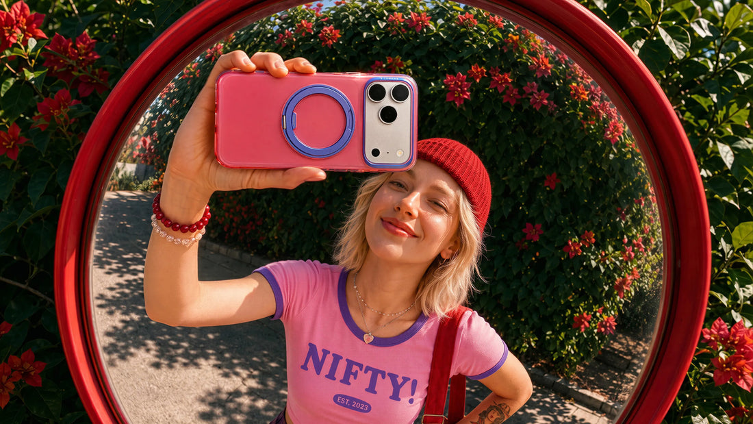 Woman taking a mirror selfie with a pink TORRAS phone case featuring a circular ring stand