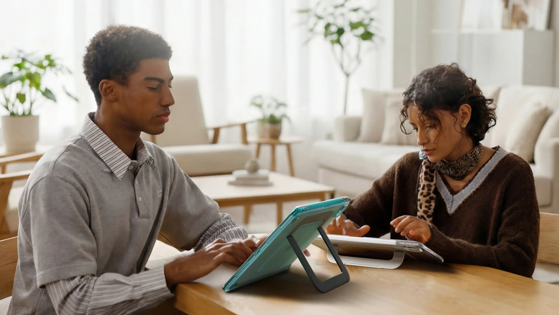 Two people using tablets in TORRAS protective cases with built-in kickstands at a table