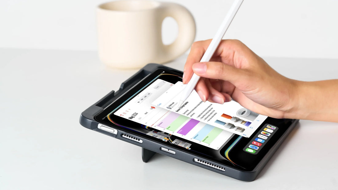 Hand using a stylus on a tablet in a TORRAS protective case with an adjustable kickstand