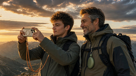 Two hikers photographing a mountain sunset with a phone in a case and neck strap