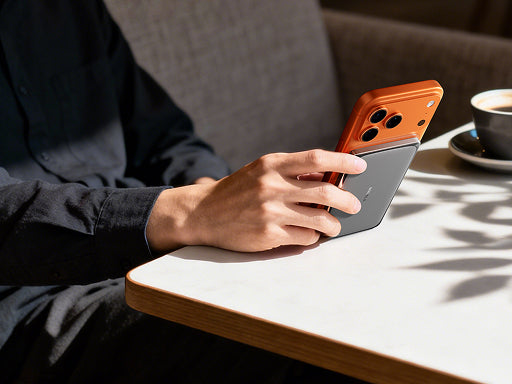 Person using a smartphone with a magnetic power bank attached while sitting at a café table