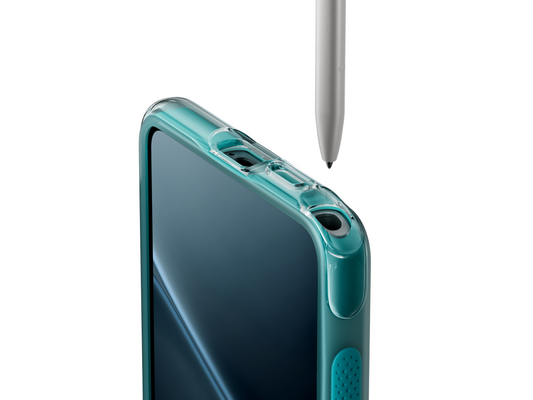 Cyan transparent S25 Ultra case with S Pen ejection close-up