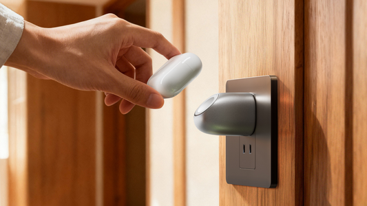 A hand placing a white AirPods case onto a grey Torras magnetic wall charger plugged into a socket