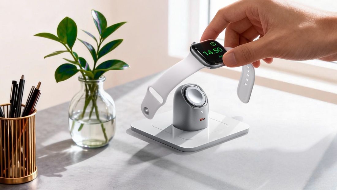 A hand placing a white Apple Watch onto a metallic Torras charging dock on a sunlit desk