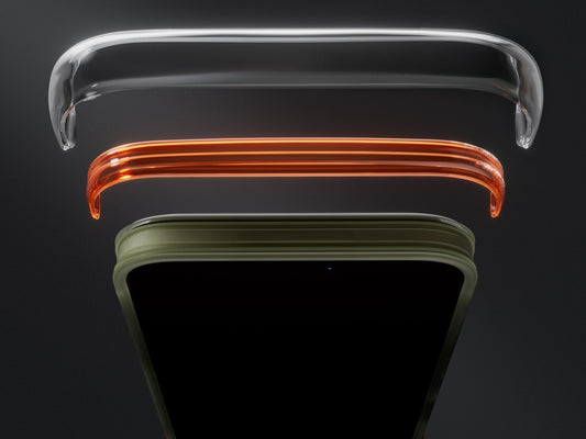 Layered phone case edges showing transparent, orange, and green protective bumpers