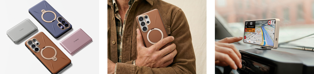 leather cases flat lay, hand holding brown case, car mount