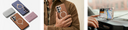 leather cases flat lay, hand holding brown case, car mount