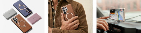leather cases flat lay, hand holding brown case, car mount