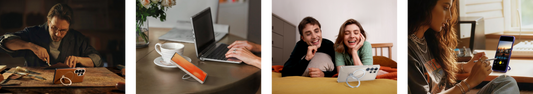Four multi-scene photos showing phone stand usage in work and life