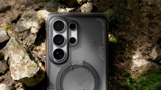 TORRAS AIR shockproof S25 Ultra case on rocky mossy outdoor ground