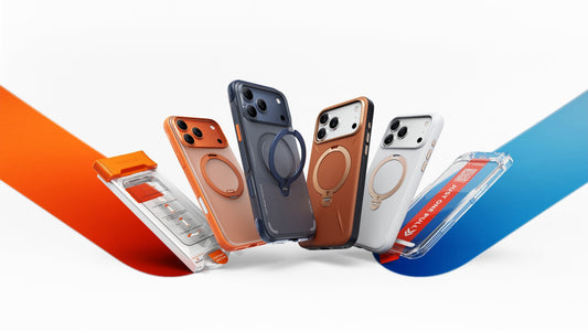 Colorful phone cases with circular ring stands displayed beside pull tab packaging