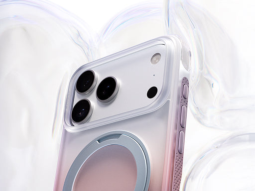 Clear magnetic phone case on a silver smartphone with triple cameras and pastel pink MagSafe ring