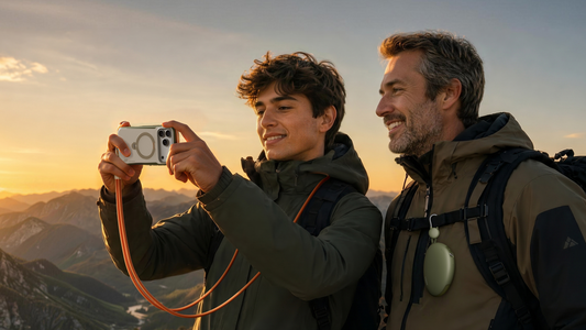Two hikers take photos with a MagSafe phone case at sunset in the mountains