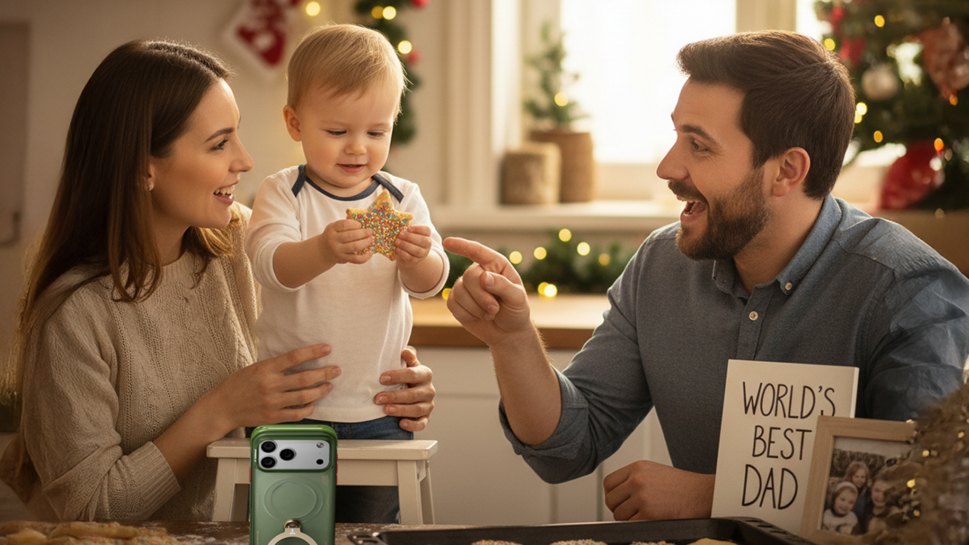 Family baking Christmas cookies with a green MagSafe kickstand phone case on the table
