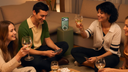 Friends playing cards at home with a green MagSafe kickstand phone case in the background