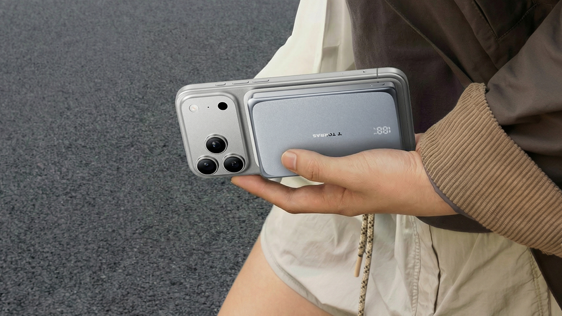 MagSafe phone case with wallet attachment and portable charger held in hand