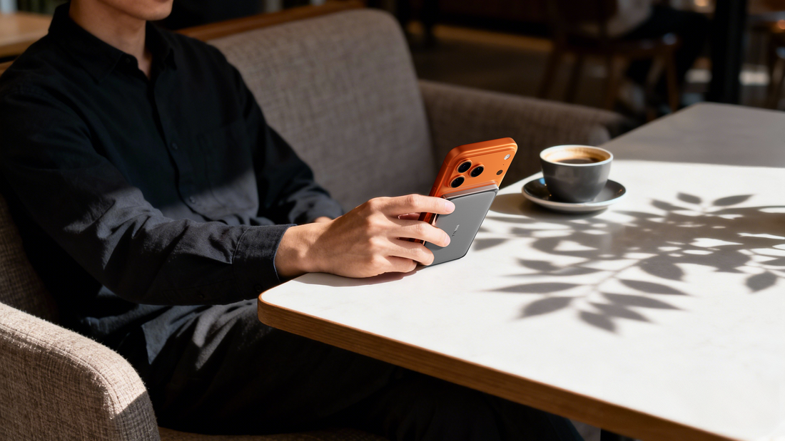 Person using a smartphone with a TORRAS phone case and stand at a cafe table