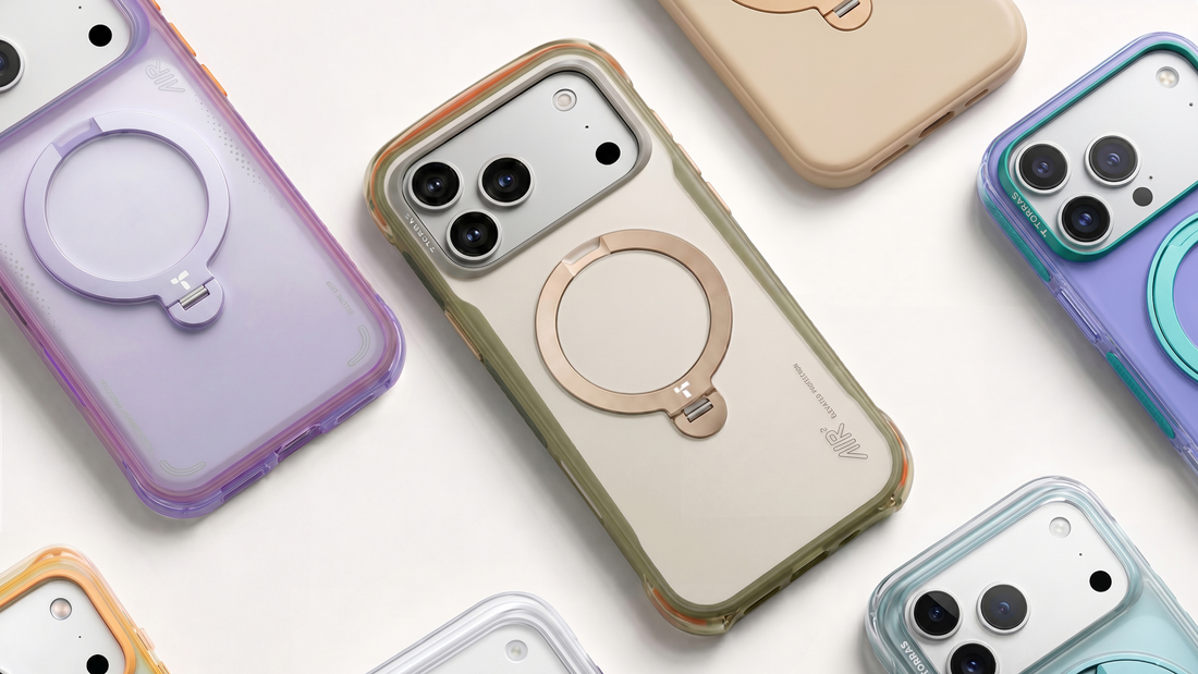 Colorful transparent phone cases with built-in magnetic ring stands arranged on a white background