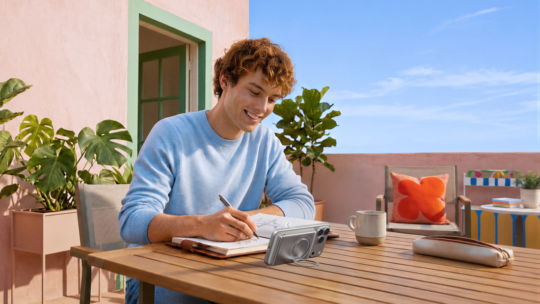 Man sketching outdoors while a smartphone rests on its magnetic ring stand