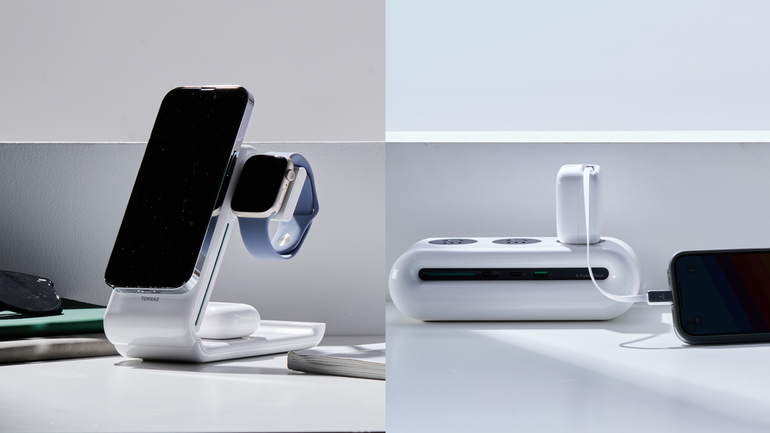 TORRAS charging station holding a smartphone and smartwatch beside a multiport desktop power hub
