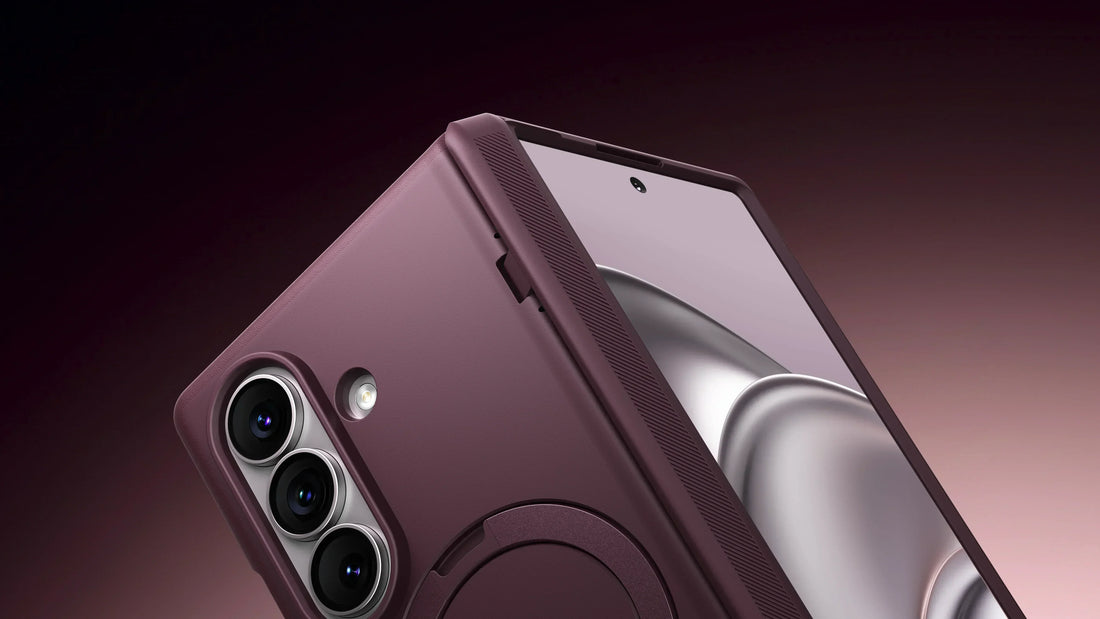purple foldable phone case with a camera cutout, magnetic ring and hinge protection