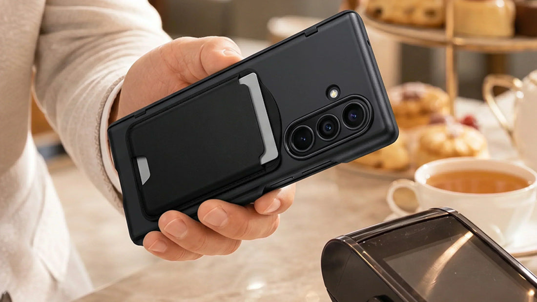 Hand holding a black foldable phone case with a sliding rear grip beside a contactless payment terminal