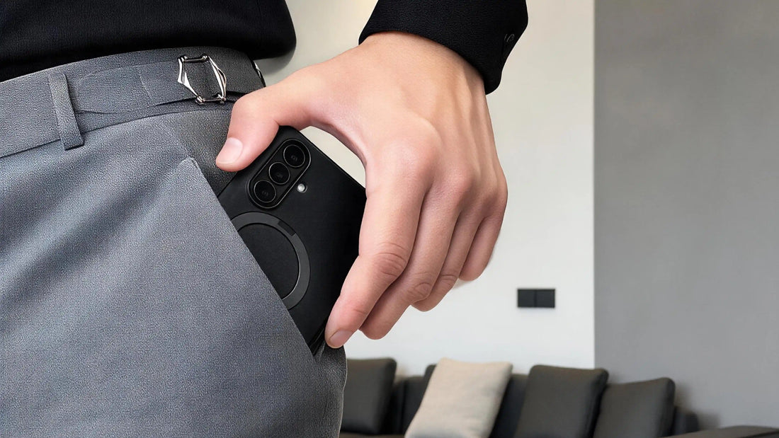 sliding a black foldable phone in a magnetic ring case into a trouser pocket
