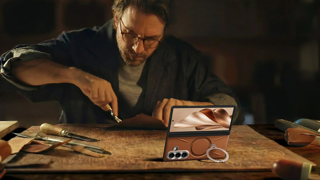 Leatherworker crafting at a workbench beside a brown foldable phone case with an open ring stand