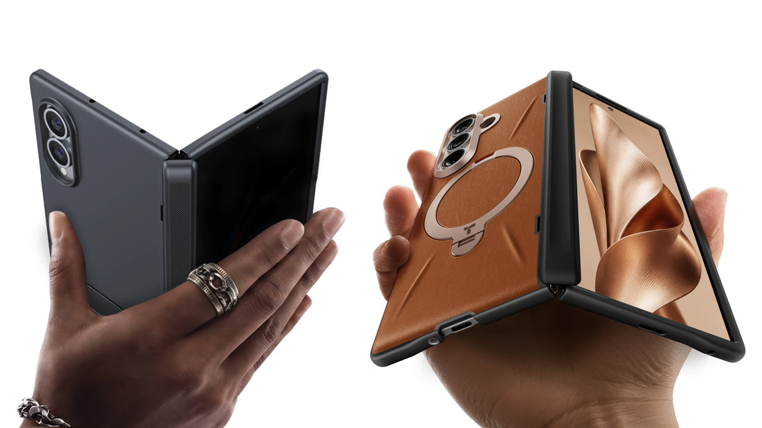 Hands holding black and brown foldable phones with protective hinge cases and magnetic rings