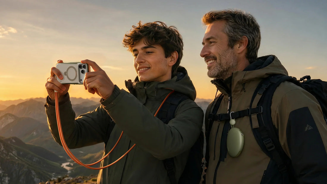 Two hikers taking a photo with a phone in a rugged ring-style case at sunset